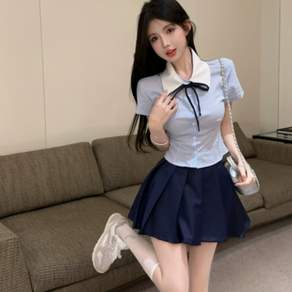 Yellwell여성 반팔 블라우스 플리츠 스커트 세트 여름 캐주얼 교복 스타일