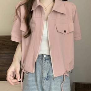 여름 여성용 루즈핏 카고 포켓 숏 셔츠 지퍼 반팔 티셔츠 캐주얼 패션 데일리룩 스트랩 칼라넥 반팔 가디건
