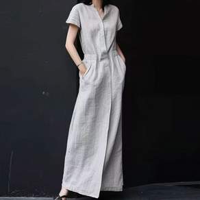 ZAJA 여성 린넨 롱 원피스 루즈핏 반팔 여름 세련된 데일리