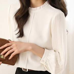 휠렉스 여성 쉬폰 플리츠 블라우스 라운드넥 루즈핏 긴팔 오피스룩 JT191