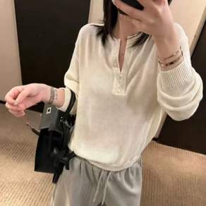 BAFC1857 여성 버튼 헨리넥 데일리 긴발 니트티 루즈핏 기본 스웨터