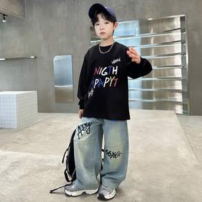 비비키드 초등생 상의 초중생 하의 주니어 의류 세트 남아 NIGTH PAPYT 레터링 페인팅 긴팔 데님 긴바지 봄 가을 초등생 상의+하의 세트 (2518)