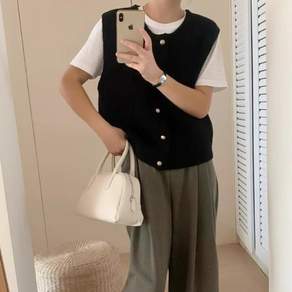 핑크셀럽 여성용 라운드넥 버튼 니트 조끼