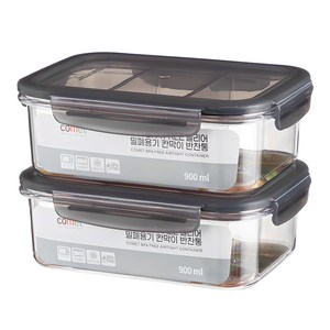 코멧 국내생산 BPA FREE 클리어 직사각 밀폐용기 칸막이 반찬통, 2개, 반찬통 900ml