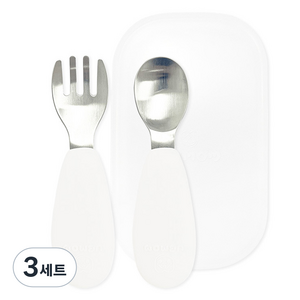 유비맘 유아용 실리콘 손잡이 스테인리스 이유식 스푼포크 케이스 세트, 화이트, 3세트
