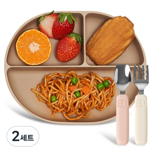 마더케이 유아용 실리콘 이유식 3구 흡착식판 + 실리콘 스푼 포크 세트, 베이지(식판), 핑크 아이보리(스푼, 포크), 2세트