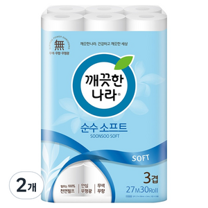 깨끗한나라 순수 소프트 천연펄프 3겹 화장지, 27m, 30롤, 2개