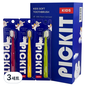 픽킷 저자극 어린이 칫솔 3종 세트, 레드, 그린, 옐로우, 9개입, 3개