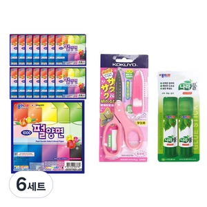 종이나라 1000 펄양면 색종이 15매 x 15p + 고쿠요 SAXA 플라이 캡 가위 핑크 + 나라풀 15g x 2p 세트, 6세트, 20색