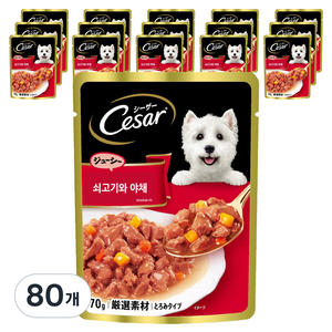 시저 1세 이상 강아지 주식파우치, 소+채소, 70g, 80개