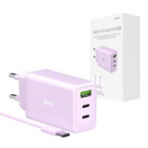 SKY 필 2세대 GaN 65W 미니 3포트 PD3 PPS QC4 플러스 초고속 C타입 멀티 충전기 + 60W C to C 케이블 1.5m 세트, 퍼플, 1개