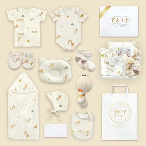 ikii 오가닉 반소매 신생아 출산 선물 10종 + 선물포장 + 쇼핑백 세트