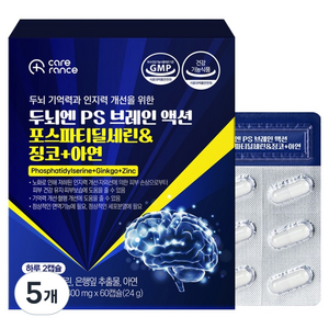 케어란스 두뇌엔 PS 브레인 액션 포스파티딜세린 징코 아연 24g, 5개, 60정