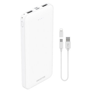 스마텍 듀얼포트 슬림보조배터리 10000mAh c타입 케이블 + 8핀 젠더, STPB-SL1(WH), 화이트