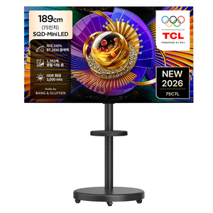 TCL 4K UHD Mini LED SQD Google TV + 대형 무빙 스탠드 블랙 세트, 75C7L(TV), MSD58B(스탠드), 방문설치, 이동형 스탠드, 189cm(75인치)