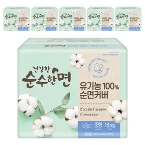 순수한면 건강한 생리대 날개형, 중형, 16개입, 6개