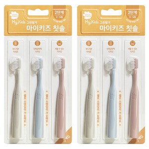 그린핑거 마이키즈 2단계 유아 칫솔, 그레이 + 핑크 + 블루, 3개입, 2세트