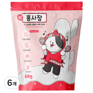 홍사장 탈취강화형 고양이 벤토나이트 모래, 6kg, 6개, 무향