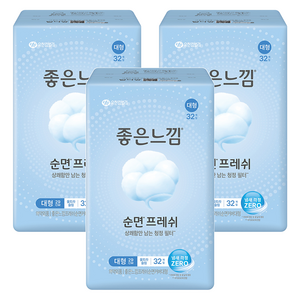 좋은느낌 프레쉬 순면 커버 생리대 날개형, 대형, 3개, 32개입