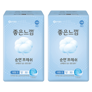 좋은느낌 프레쉬 순면 커버 생리대 날개형, 대형, 32개입, 2개