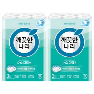 깨끗한나라 순수 디럭스 천연펄프 3겹 화장지, 30m, 30개입, 2개