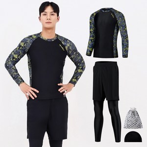 아쿠아티카 남성용 래쉬가드 상의 + 레깅스반바지 AQAMAV-PL + 스판수모 + 비닐백