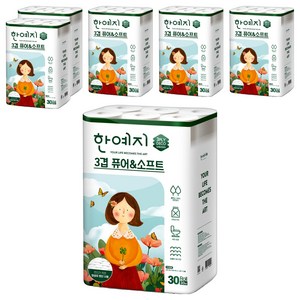 한예지 3겹 퓨어 앤 소프트 데코 화장지, 30m, 30개입, 6개