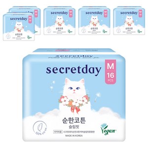 시크릿데이 순한코튼 슬림핏 생리대 날개형, 중형, 16개입, 6개