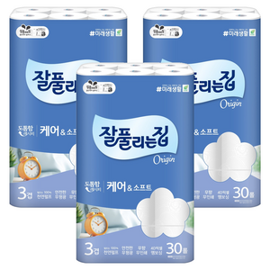 잘풀리는집 케어 앤 소프트 천연펄프 3겹 롤화장지, 27m, 30롤, 3개