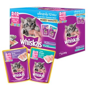 위스카스 주니어 고양이 믹스드 버라이어티팩 주식파우치 참치 6p + 고등어 6p, 참치+고등어, 80g, 12개