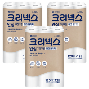 크리넥스 안심 천연펄프 키친타월 에코 패키지, 12롤, 3개