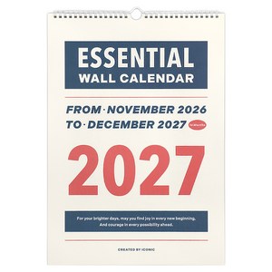 아이코닉 2027 에센셜 벽걸이달력 A3 월 캘린더, 혼합색상, 1개