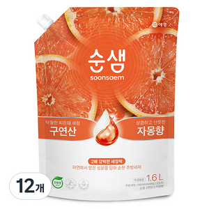 순샘 구연산 자몽향 주방세제 리필, 1.6L, 12개