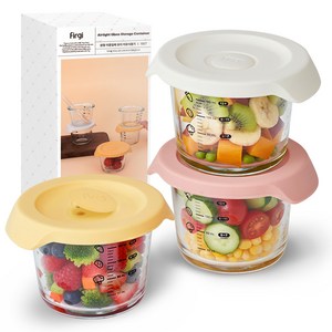 퍼기 원형 이중밀폐 유리 이유식 용기 3종, 230ml, 크림, 버터옐로우, 드라이로즈, 1세트
