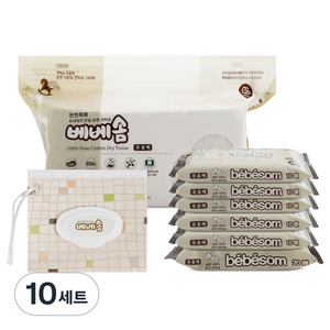 베베솜 무표백 순면 아기 건티슈 10매x5p + 20매 + 100매 + 지퍼백, 60g, 10세트
