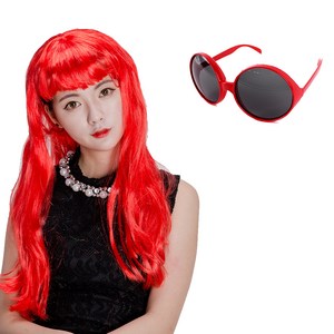 롱헤어가발 + 써클안경, 레드(가발), 레드(안경)