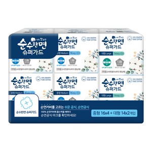 순수한면 슈퍼가드 생리대 날개형 중형 16p x 4팩 + 대형 14p x 2팩 세트, 1세트, 92개입 골드박스 특가