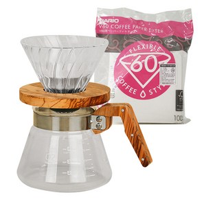 하리오 V60 올리브우드 드립세트 1~2인 VCWN-40-OV+VDG-01-OV+VCF-01-100W, 혼합색상, 1세트, 400ml, 서버 + 드리퍼 + 여과지 100매(화이트)