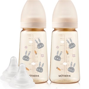 마더케이 베이직 PPSU 토끼 젖병 무꼭지 트윈팩 + 3단계 젖꼭지 2p, 크림, 280ml, 2개