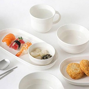 탁가온 아동용 밀키 도자기 식기 5종 세트, 올 화이트, 밥공기, 국공기, 머그, 타원접시, 소스볼, 1세트