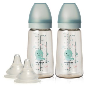 마더케이 베이직 PPSU 뱀뱀 젖병 무꼭지 2p + 3단계 젖꼭지 2p, 민트, 280ml, 1세트