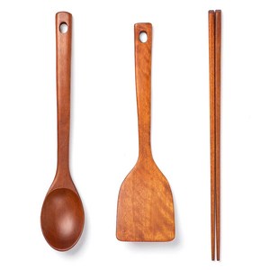 JAJU 옻칠 조리기구 3종 세트, 볶음스푼 + 뒤집개 + 요리 젓가락, 브라운, 1세트