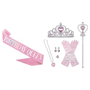 뷰라뷰 생일 파티 용품 티아라 + 어깨띠 + 액세서리 요술봉 코스튬 세트, 핑크, 1세트