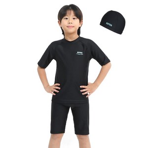 제테스 남아용 생존 수영 실내 수영복 반팔 래쉬가드 상하의 + 수모 세트 1581