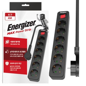 에너자이저 과부하차단 고용량 3680W 멀티탭 6구, 4m, 블랙, 1개