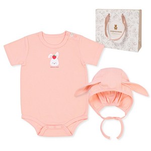 오가닉맘 신생아용 돌백일 핑꼬뜨니 면모달 반소 바디수트 + 모자 + 목화기프트백 선물세트 MKMLQS22