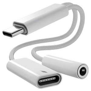 누아트 PD 60W 고속 동시 충전 2in1 스테레오 오디오 변환 C타입 to 3.5mm AUX 이어폰 듀얼 젠더, 화이트, 1개