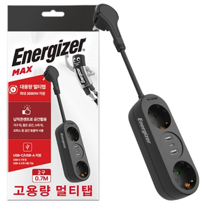 에너자이저 고용량 고속충전 과부하차단 USB-C USB-A 납작콘센트 USB 멀티탭 2구 3680W, 0.7m, 블랙, 1개
