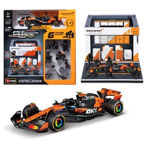 브라고 피트 패스 1:43 F1 차고조립 + 4번 레이싱카 맥라렌 MCL39 세트, 혼합색상, 1세트