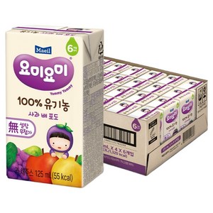요미요미 100% 유기농 주스 사과 배 포도, 125ml, 24개